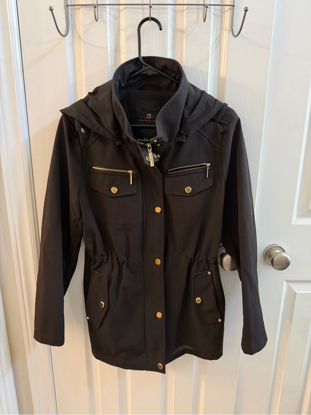 Laura Petites Water-Resistant Black Hooded Jacket with Gold Hardware